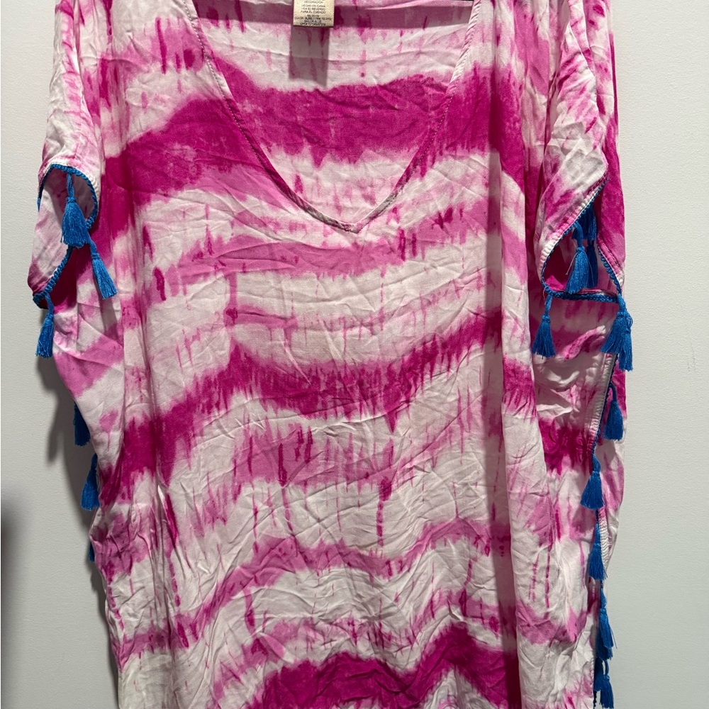 Pink and White Tie-Dye cover up with Blue Tassels